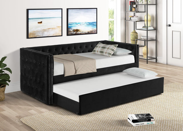 Trina black velvet tufted twin daybed with trundle, front angle
