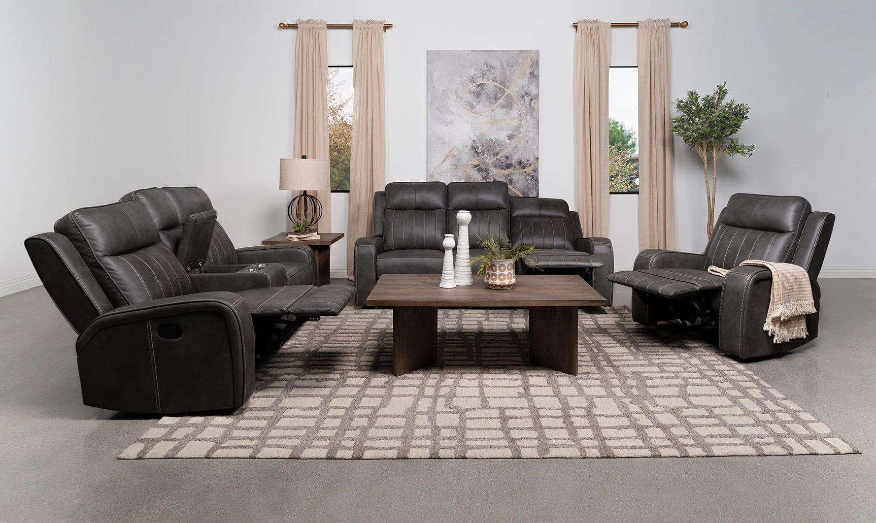 Raelynn grey upholstered reclining sofa set front angle