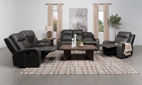 Raelynn grey upholstered reclining sofa set front angle