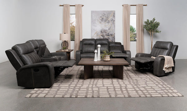 Raelynn grey upholstered reclining sofa set front angle