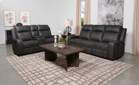 Raelynn 2-piece gray upholstered reclining sofa front angle
