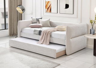 Philipa oatmeal tweed velvet upholstered trundle daybed front angle