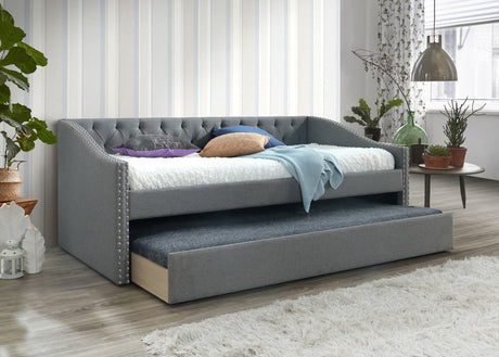 Loretta Gray gray upholstered tufted twin daybed front view