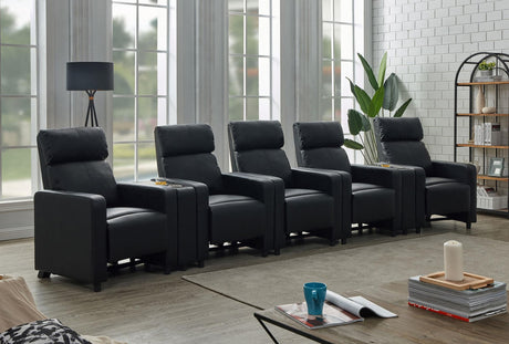 Toohey black upholstered tufted recliner home theater set front view