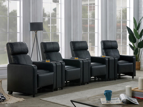 Toohey home theater set front view showing tufted backrests and recliner position