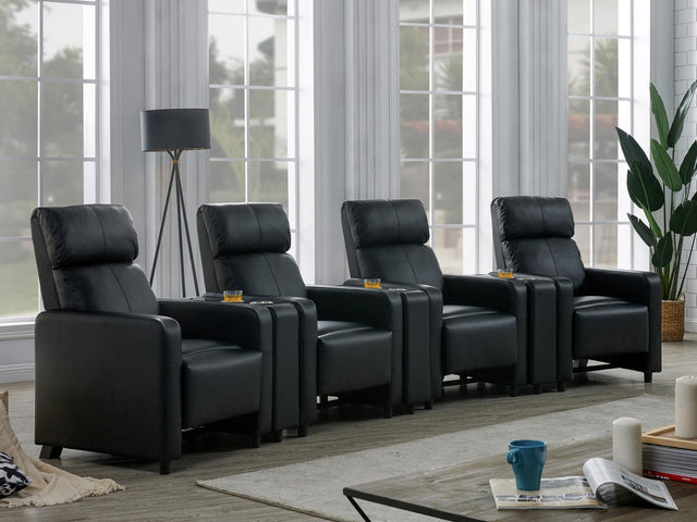 Toohey home theater set front view showing tufted backrests and recliner position