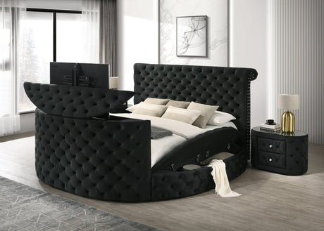 Voltare Black Upholstered Tufted Panel Queen Bed front view