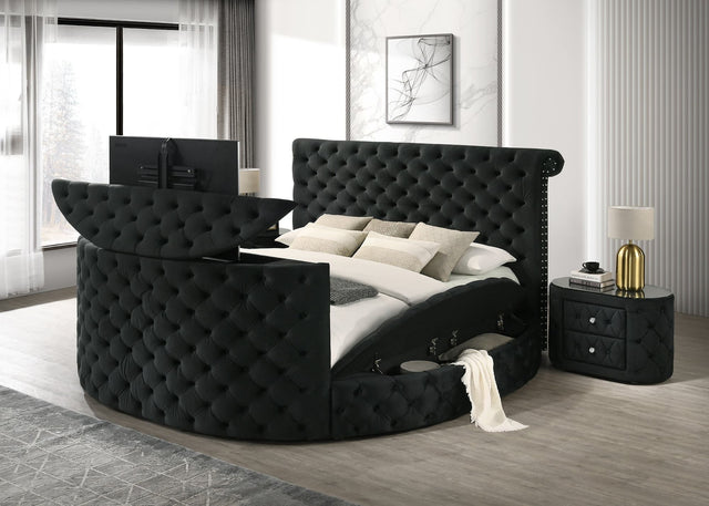 Voltare Black Upholstered Tufted Panel Queen Bed front view