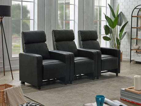 Front view of Toohey black upholstered tufted 3-seater home theater recliner set
