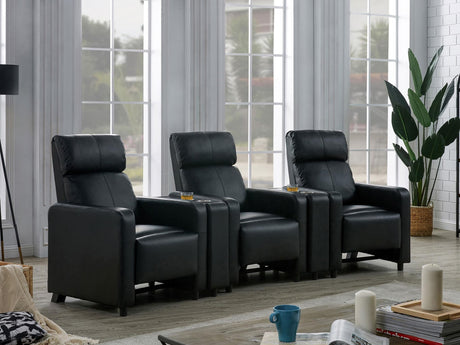 Toohey black upholstered tufted 3-seat home theater recliner set front view