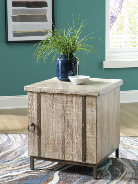 Laddford Whitewash Accent Cabinet front view showing door and metal legs