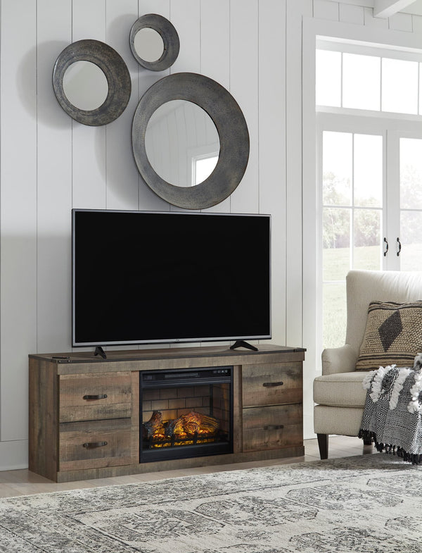 Brown modern TV stand with built-in electric fireplace front view
