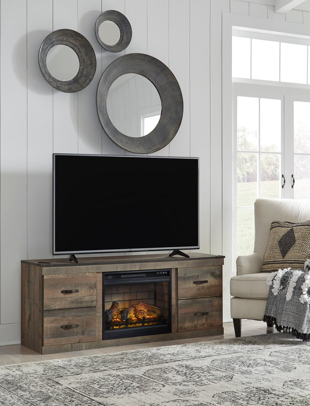 Brown modern TV stand with built-in electric fireplace front view