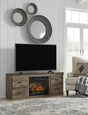 Brown modern TV stand with built-in electric fireplace front view