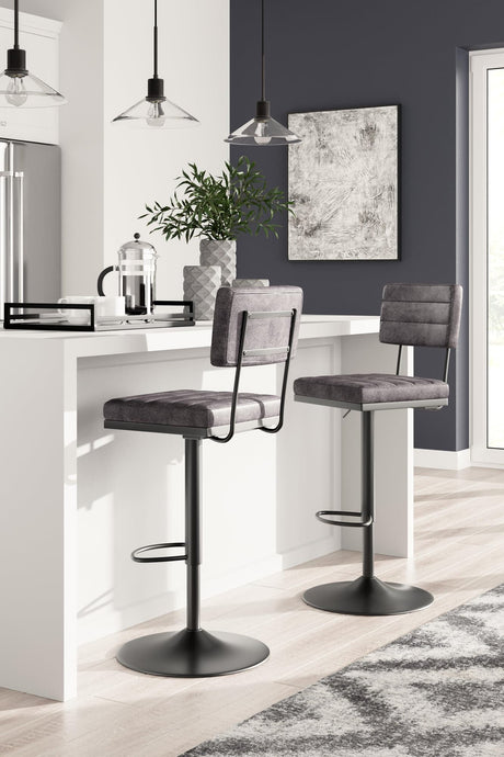 Strumford gray and black bar height swivel stool side view