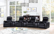 Cyrus 7-piece black leather home theater seating set angled view