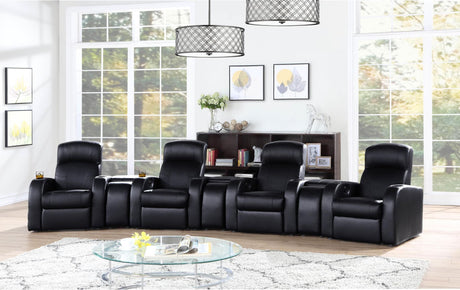 Cyrus 7-piece black leather home theater seating set angled view