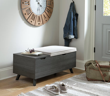 Yarlow Linen gray storage bench front angle