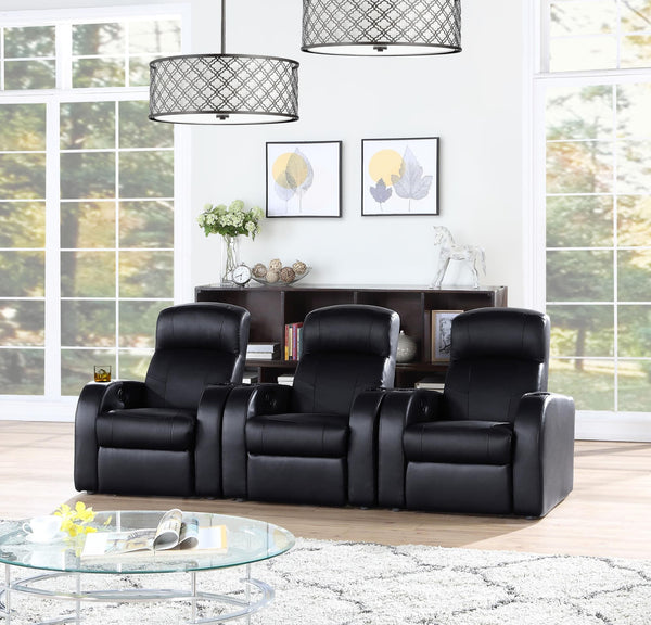 Cyrus 3-piece upholstered black leather home theater seating angled view