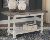 Havalance gray and white flip-top sofa console table viewed front closed
