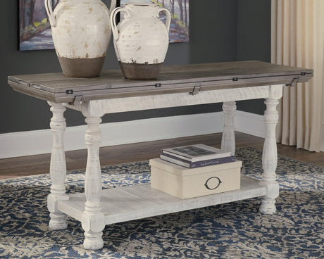 Havalance gray and white flip-top sofa console table viewed front closed