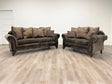 Chocolate chenille fabric upholstered sofa and loveseat set, front view