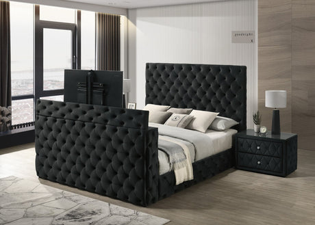 Josephine Black Upholstered Tufted King Bed with TV Lift Panel front view
