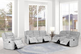 Oliver silver fabric upholstered reclining living set front view