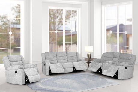Oliver silver fabric upholstered reclining living set front view