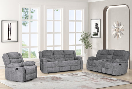 Oliver charcoal fabric upholstered reclining sofa set front view