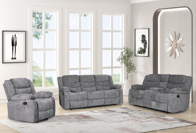 Oliver charcoal fabric upholstered reclining sofa set front view