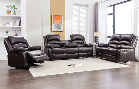 Dynamo2 espresso faux leather reclining sofa with drop-down console and cup holders