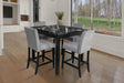 Dior Onyx gray marble top dining table with black velvet upholstered chairs