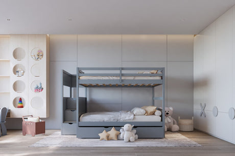 Gray full over full bunk bed with twin trundle and staircase storage - front view