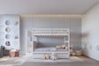 White full over full bunk beds with twin trundle bed and staircase storage