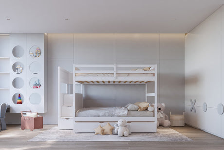 White full over full bunk beds with twin trundle bed and staircase storage