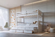White twin over twin bunk bed with trundle and storage drawers, front view