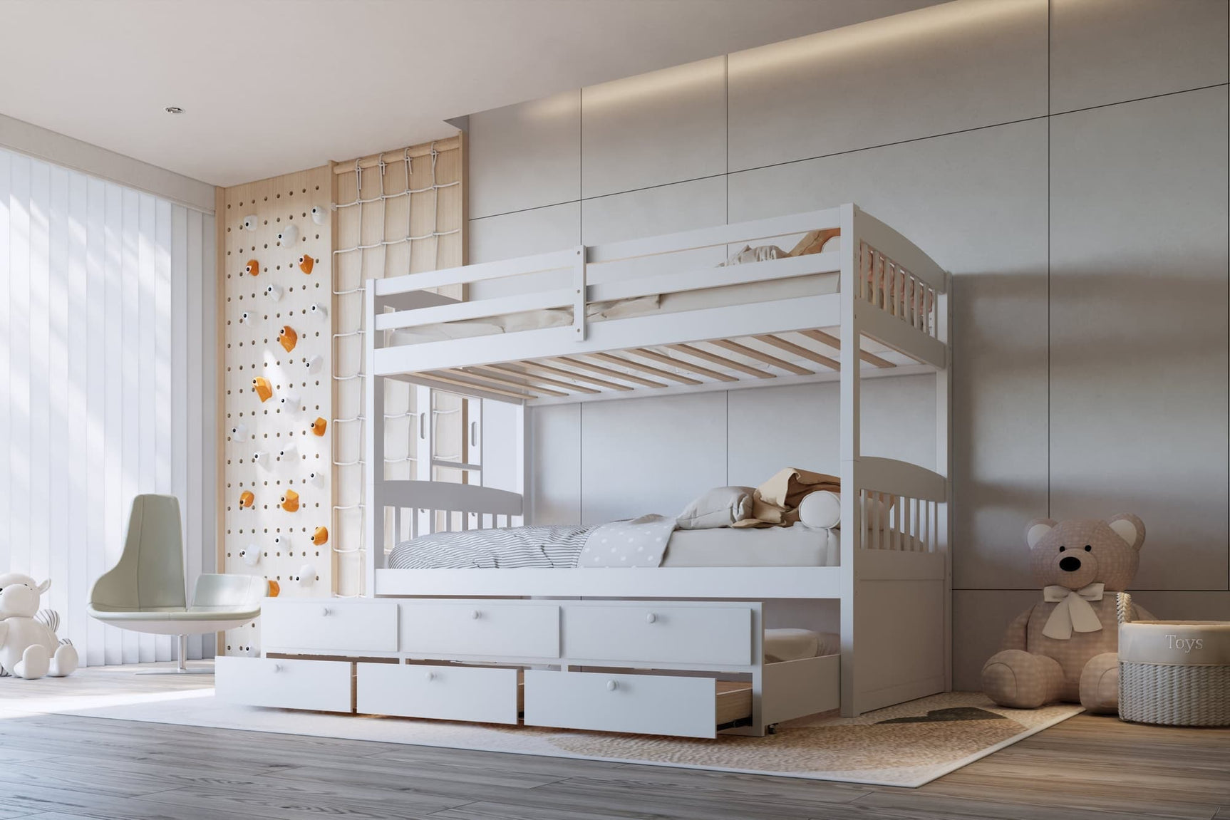 White twin over twin bunk bed with trundle and storage drawers, front view
