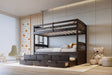 Espresso twin over twin wooden bunk bed with trundle and storage drawers front view