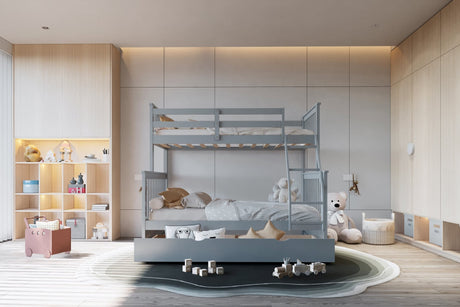 Gray Solid Wood Twin Over Full Trundle Bunk Bed, front view