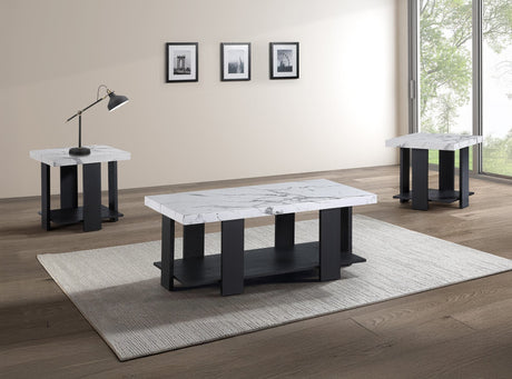 Boris 3-piece black and white faux marble coffee table set front view