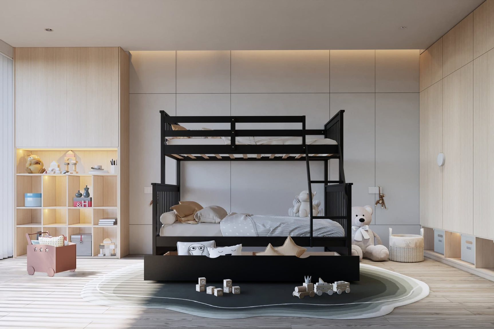 Black solid wood twin over full bunk bed with twin trundle front view