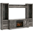 Wynnlow Gray 4-Piece Entertainment Center with Electric Fireplace front view showing TV stand and fireplace