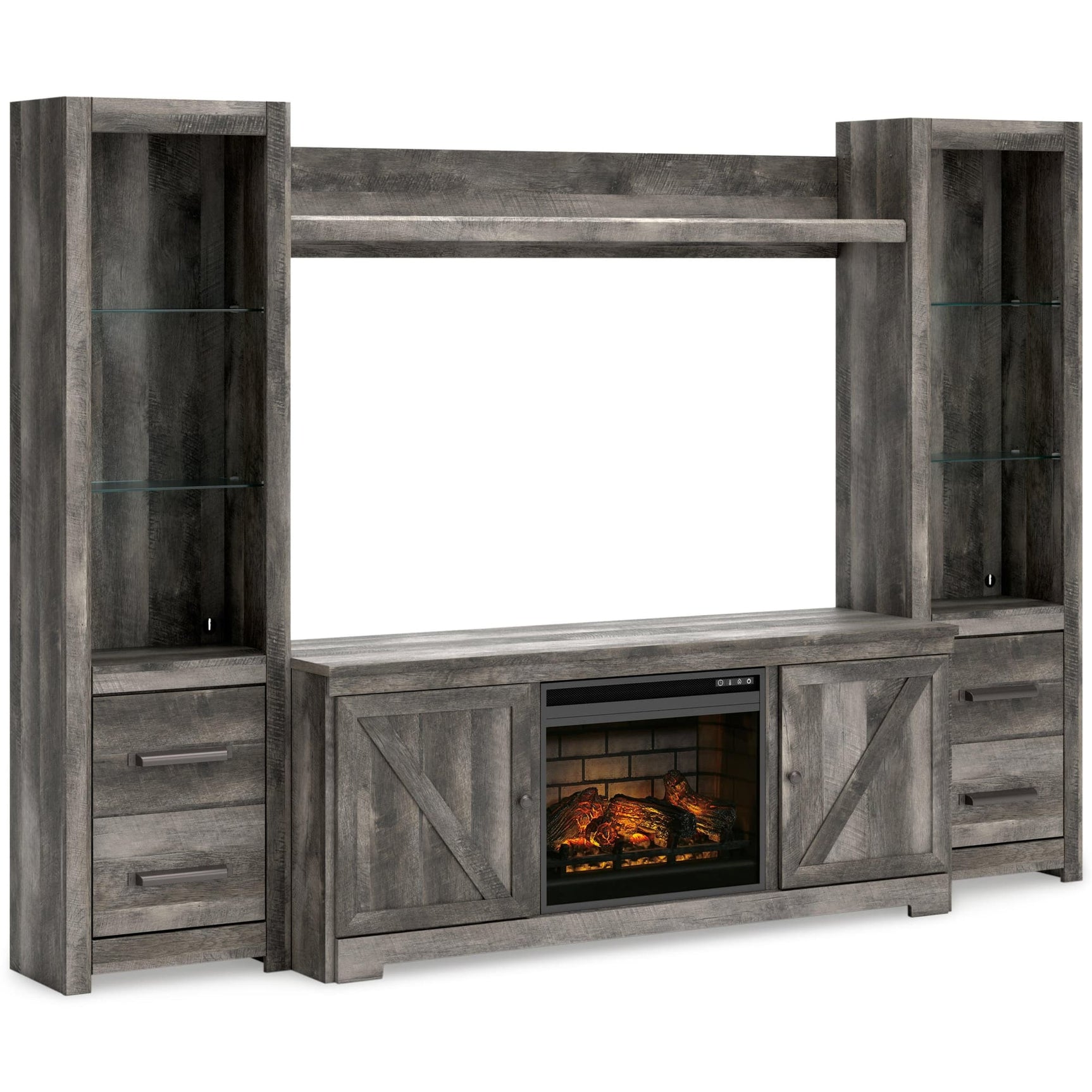 Wynnlow Gray 4-Piece Entertainment Center with Electric Fireplace front view showing TV stand and fireplace