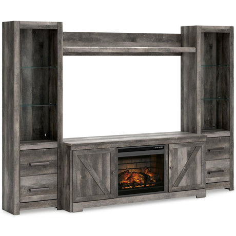 Wynnlow Gray 4-Piece Entertainment Center with Electric Fireplace front view showing TV stand and fireplace
