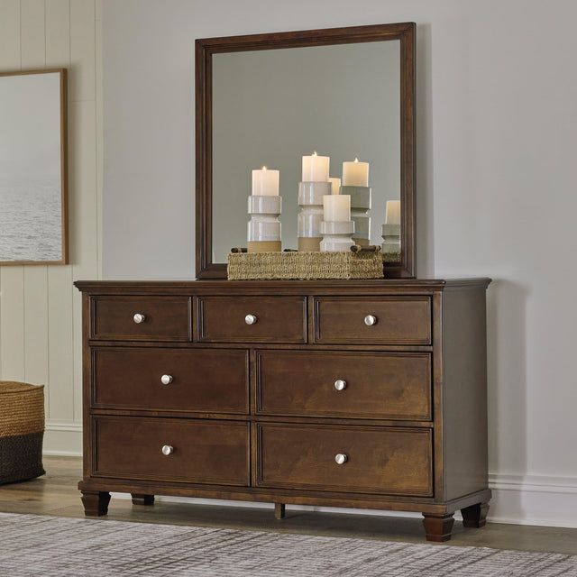 Danabrin brown dresser with attached mirror, front angle view
