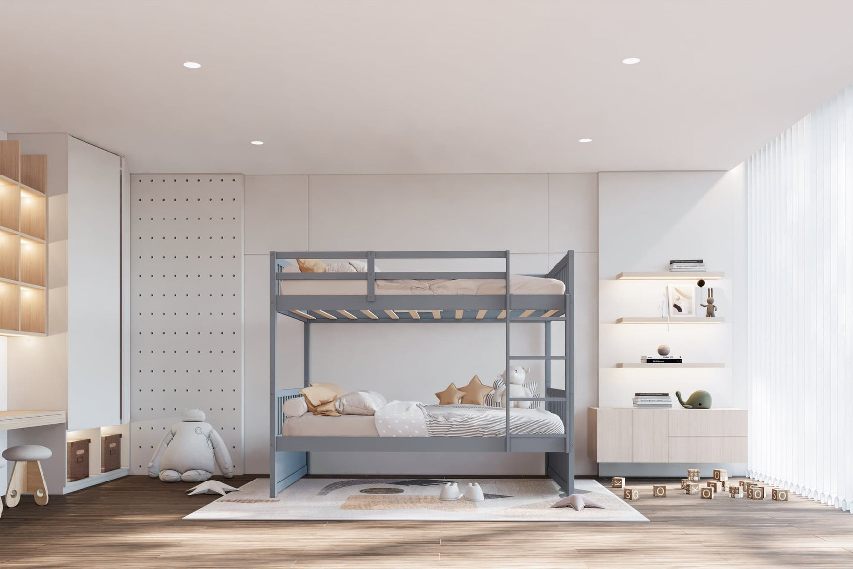 Gray solid wood twin over twin bunk bed front view