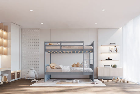 Gray solid wood twin over twin bunk bed front view
