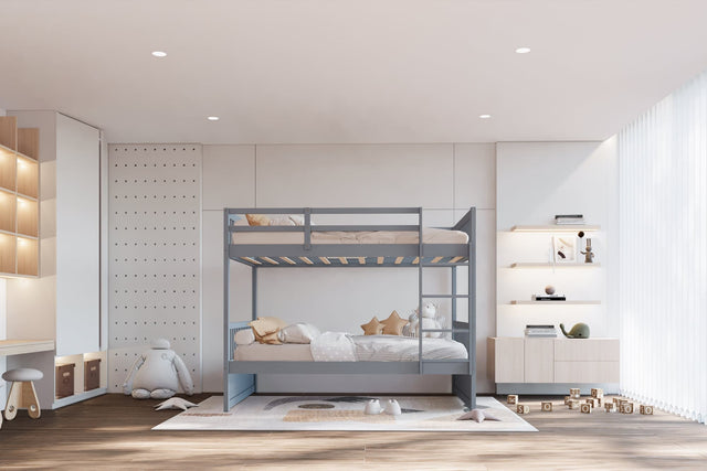 Gray solid wood twin over twin bunk bed front view