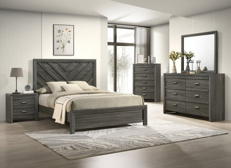 Valor Gray Panel Bedroom Set main view with bed and coordinating furniture